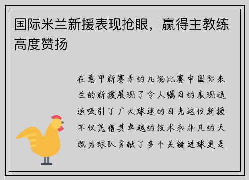国际米兰新援表现抢眼，赢得主教练高度赞扬